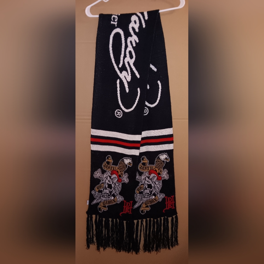 Ed Hardy Death Or Glory Skull Crossbones Eagle Scarf Fringe Black White Red